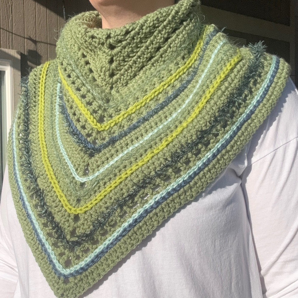 Handmade Crochet Shawl Womens OS Green Striped Vintage Yarn Boho Wrap